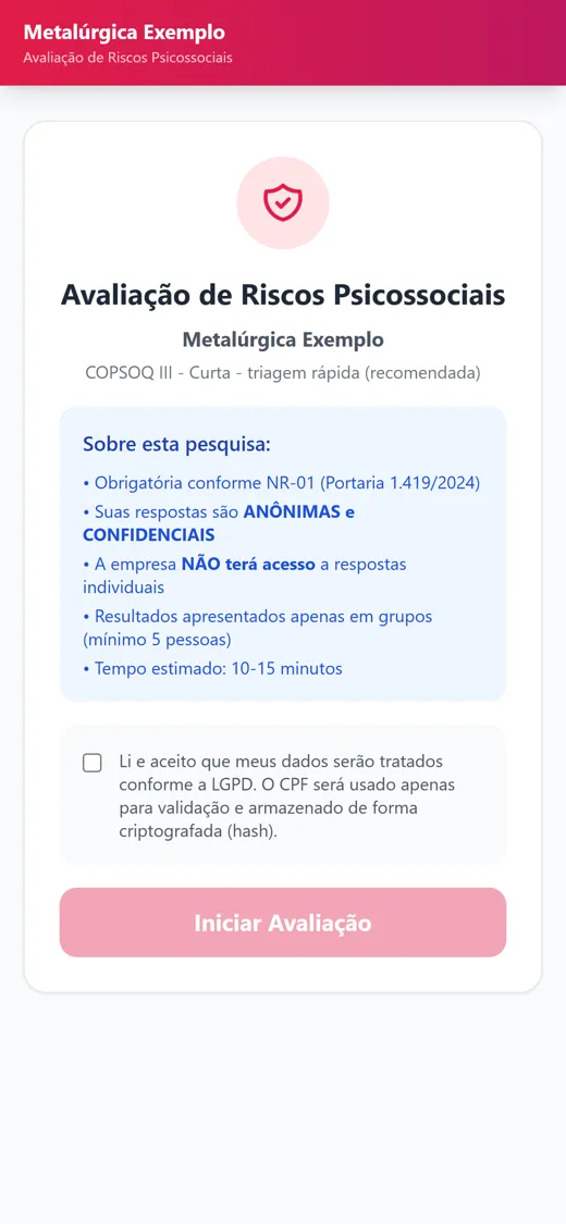 Tela inicial do questionário no celular, com aviso de anonimato