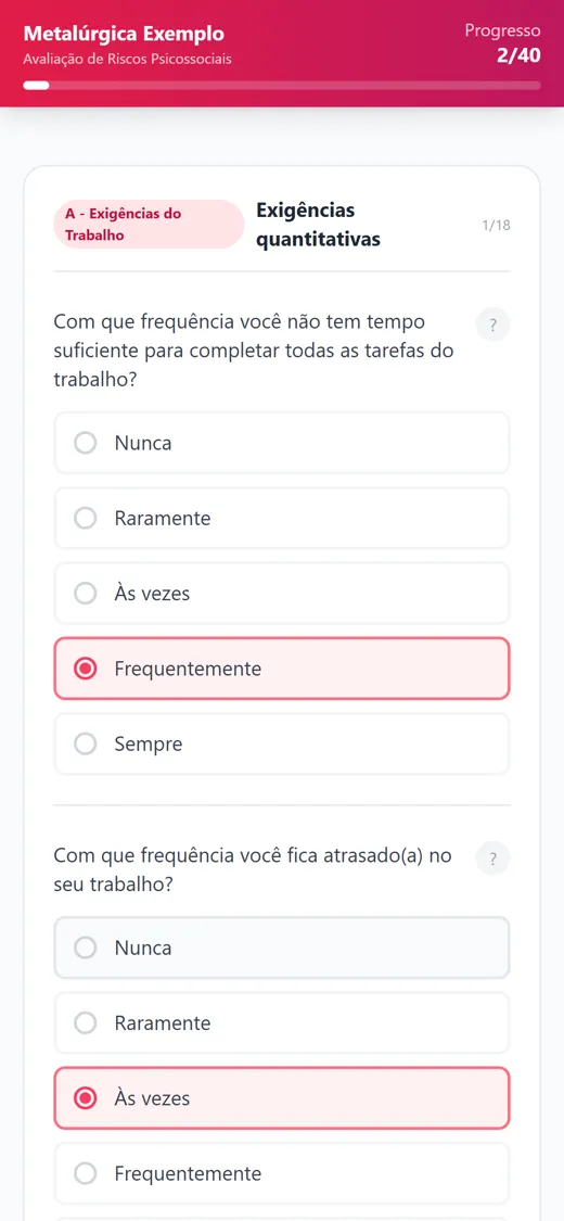 Perguntas do questionário no celular