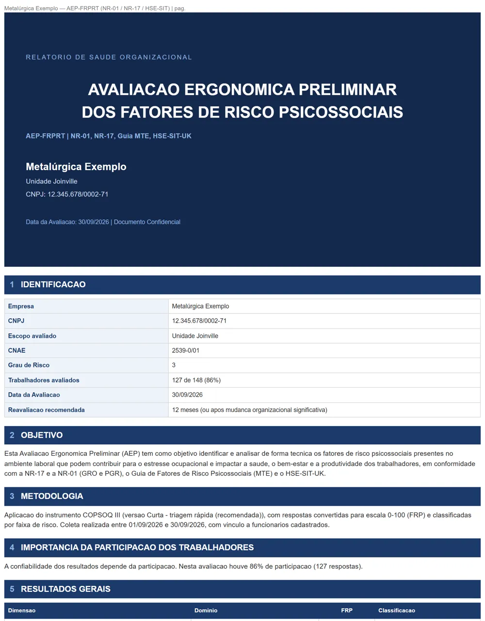 Capa e identificação do relatório AEP-FRPRT com a marca da consultoria